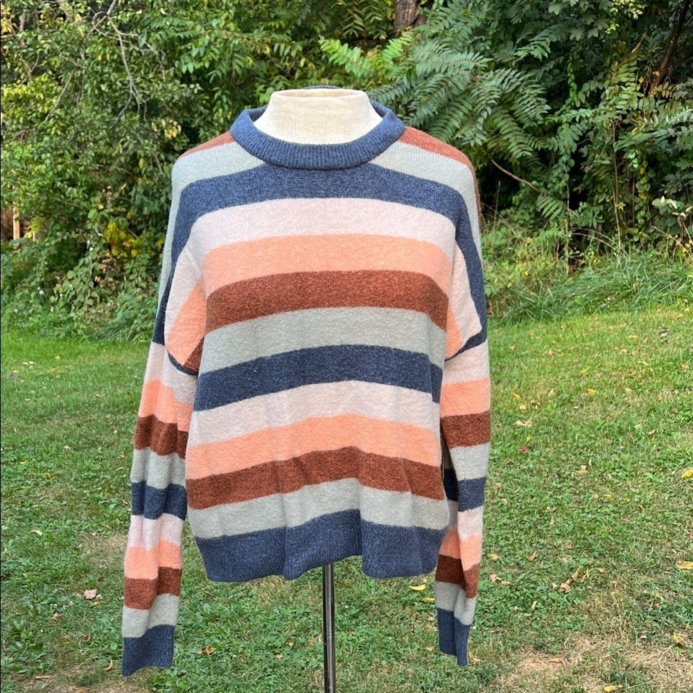 Madewell Pullover Sweater in Elmwood Stripe Orange Blue Size Small Alpaca Wool - Picture 3 of 10
